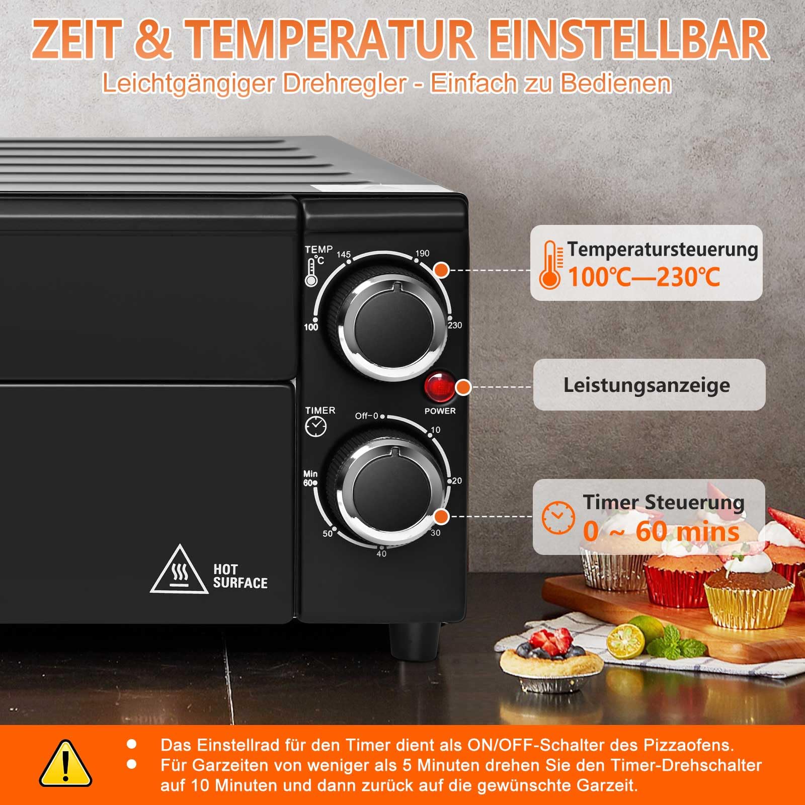 Anatole Pizzaöfen Elektrisch 12" 1800W Pizza Maker Indoor Zeit Temperatur Einstellbar Pizzamaschine Multifunktional mit Abnehmbar Grill Krume Tray