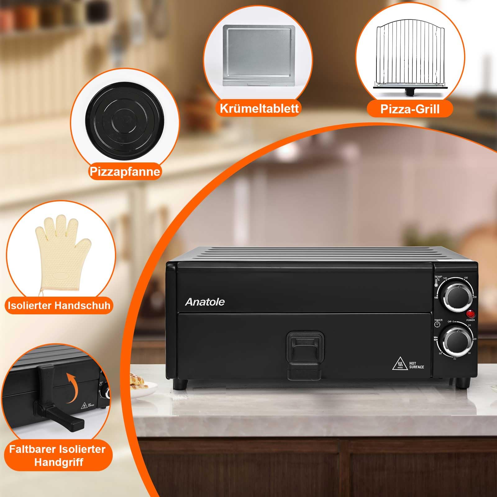 Anatole Pizzaöfen Elektrisch 12" 1800W Pizza Maker Indoor Zeit Temperatur Einstellbar Pizzamaschine Multifunktional mit Abnehmbar Grill Krume Tray
