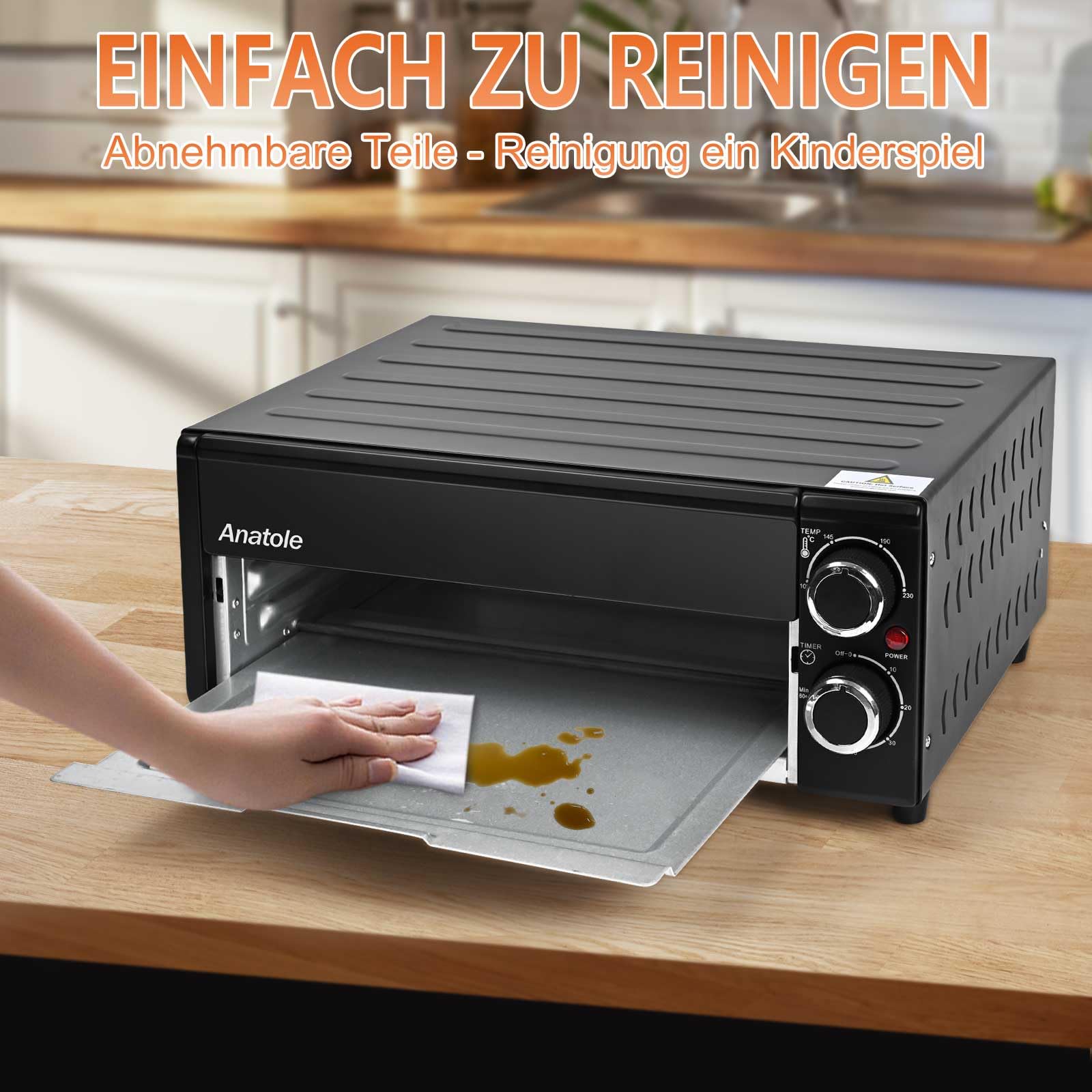 Anatole Pizzaöfen Elektrisch 12" 1800W Pizza Maker Indoor Zeit Temperatur Einstellbar Pizzamaschine Multifunktional mit Abnehmbar Grill Krume Tray