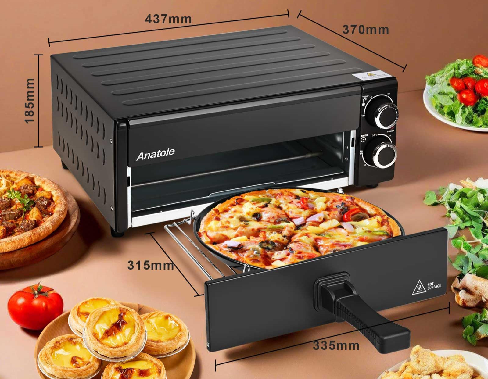 Anatole Pizzaöfen Elektrisch 12" 1800W Pizza Maker Indoor Zeit Temperatur Einstellbar Pizzamaschine Multifunktional mit Abnehmbar Grill Krume Tray