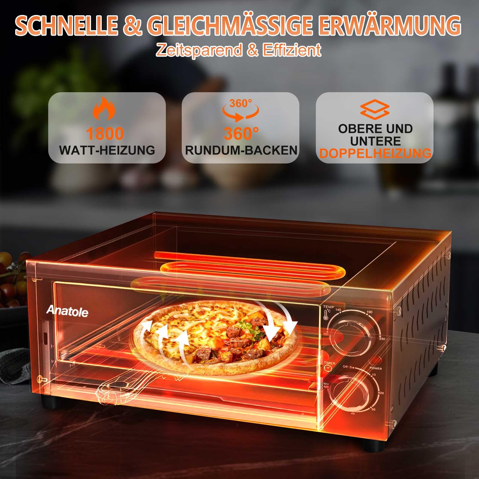 Anatole Pizzaöfen Elektrisch 12" 1800W Pizza Maker Indoor Zeit Temperatur Einstellbar Pizzamaschine Multifunktional mit Abnehmbar Grill Krume Tray