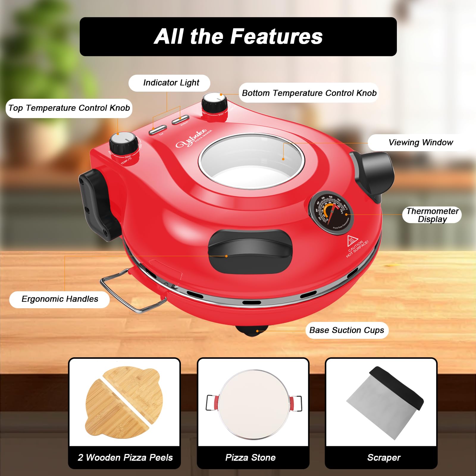 YIBAKE Pizzaofen Elektrisch, 1200W Pizzaofen in 4-Min-Pizza, 31cm Feuerfeste Pizzastein, 420℃ Pizzabackofen, inkl. Pizzaschaber & Pizzaschieber, Rot