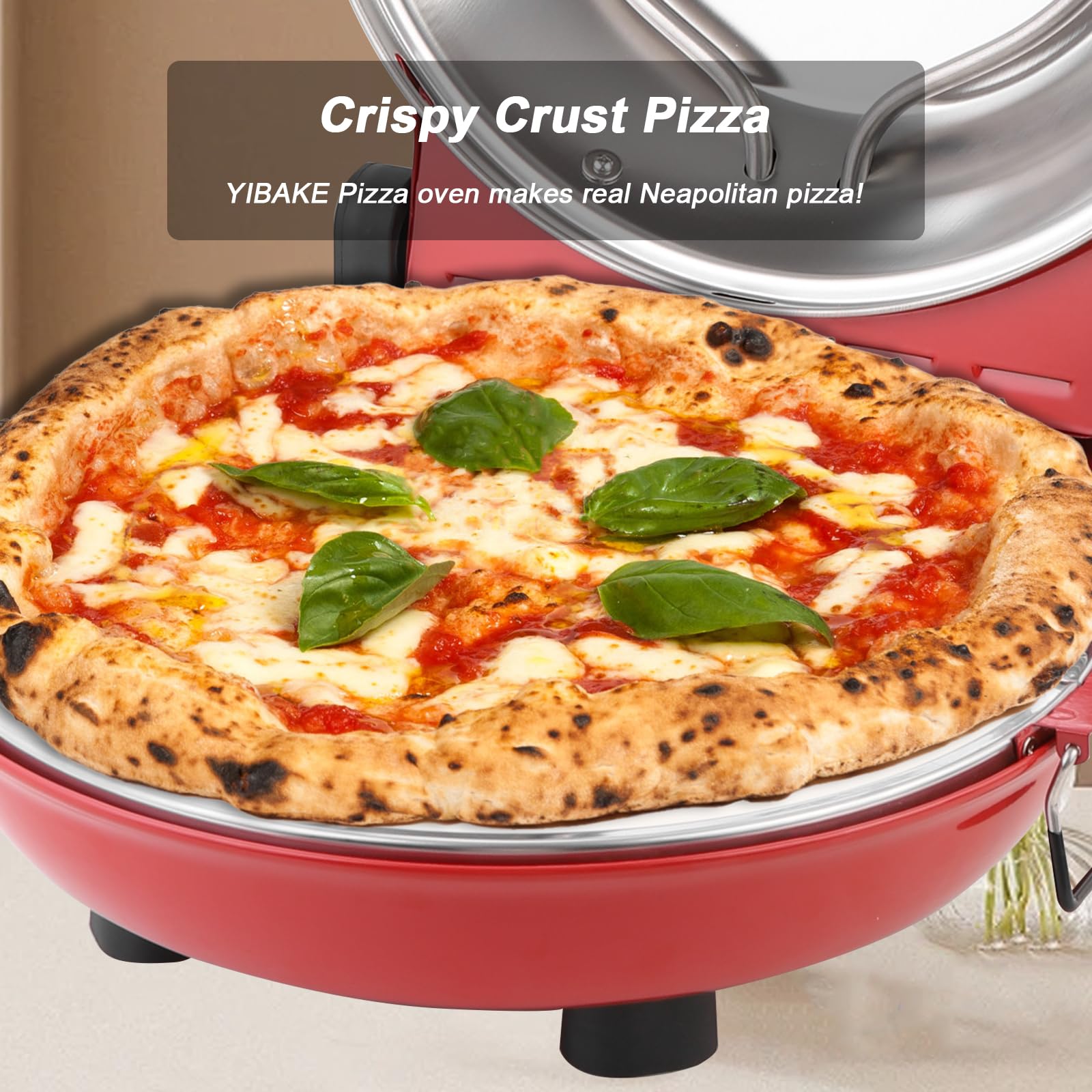 YIBAKE Pizzaofen Elektrisch, 1200W Pizzaofen in 4-Min-Pizza, 31cm Feuerfeste Pizzastein, 420℃ Pizzabackofen, inkl. Pizzaschaber & Pizzaschieber, Rot