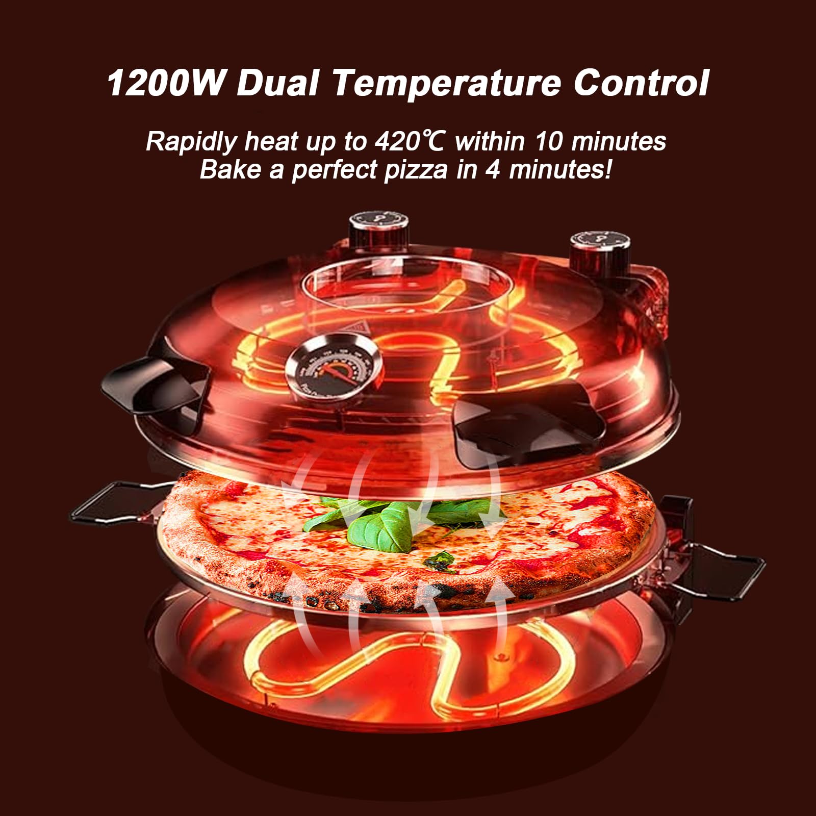 YIBAKE Pizzaofen Elektrisch, 1200W Pizzaofen in 4-Min-Pizza, 31cm Feuerfeste Pizzastein, 420℃ Pizzabackofen, inkl. Pizzaschaber & Pizzaschieber, Rot