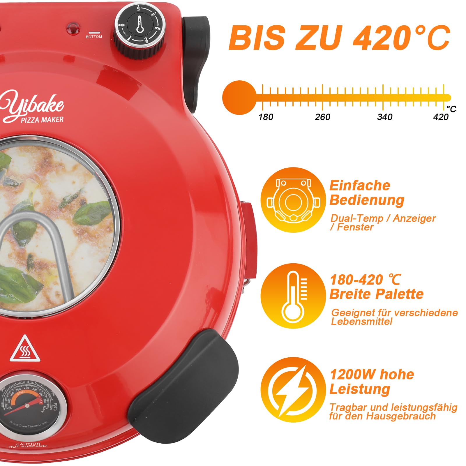 YIBAKE Pizzaofen elektrisch, 1200W Pizzabäcker in 4-Min-Pizza, 31cm Feuerfeste Pizzastein, Max 420℃ Pizzaofen mit 5 Garstufen, inkl. Pizzaschaber & Pizzaschieber, Rot