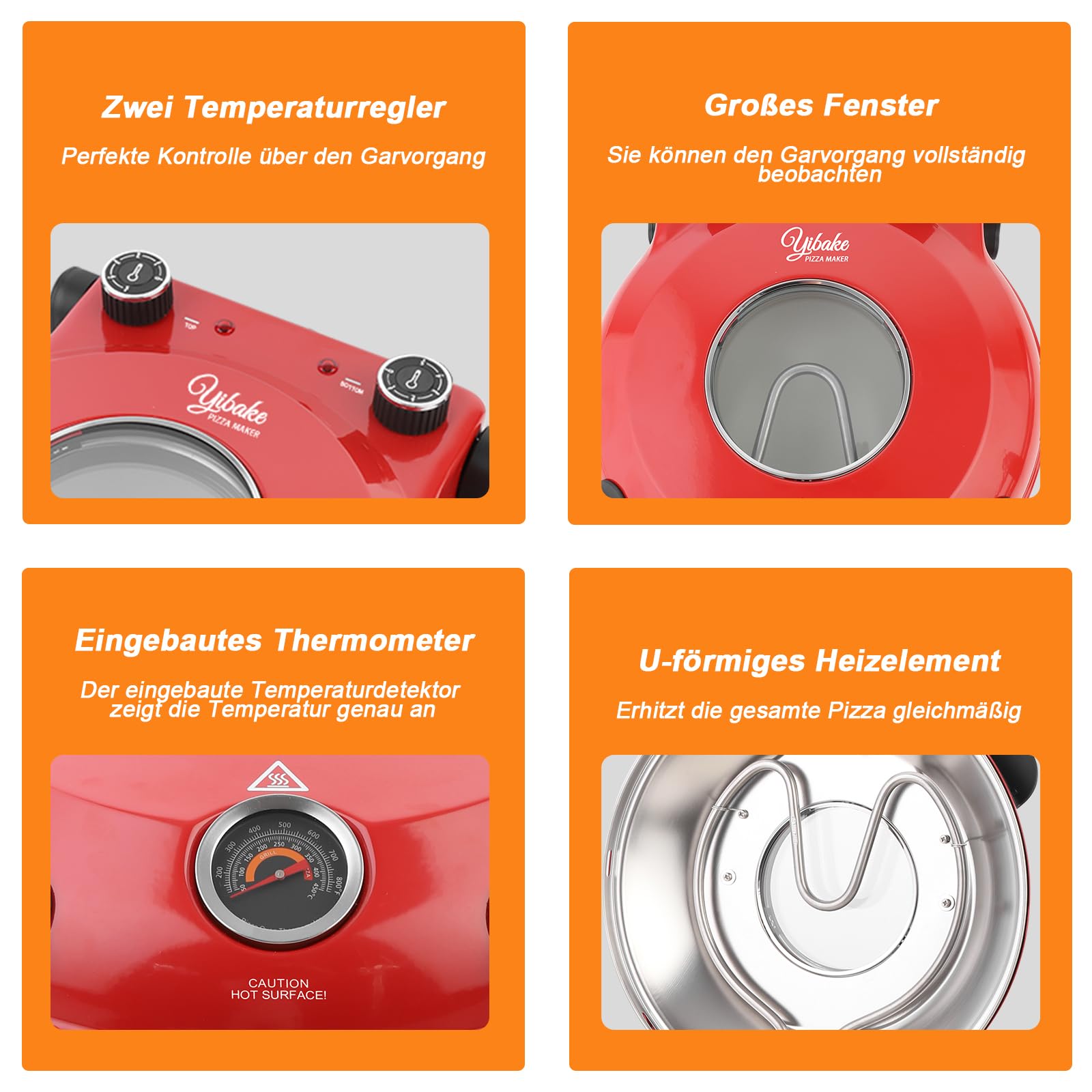 YIBAKE Pizzaofen elektrisch, 1200W Pizzabäcker in 4-Min-Pizza, 31cm Feuerfeste Pizzastein, Max 420℃ Pizzaofen mit 5 Garstufen, inkl. Pizzaschaber & Pizzaschieber, Rot