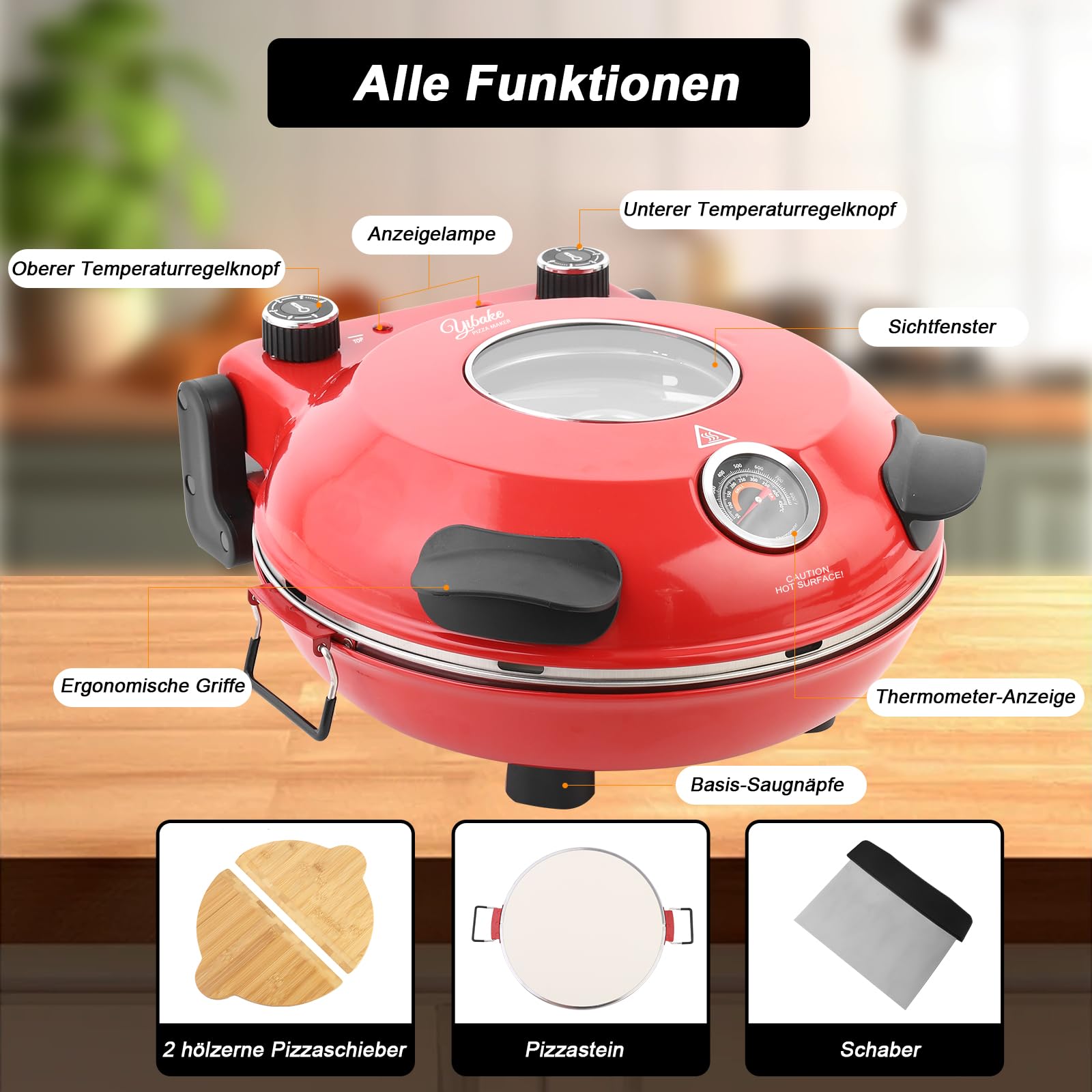 YIBAKE Pizzaofen elektrisch, 1200W Pizzabäcker in 4-Min-Pizza, 31cm Feuerfeste Pizzastein, Max 420℃ Pizzaofen mit 5 Garstufen, inkl. Pizzaschaber & Pizzaschieber, Rot
