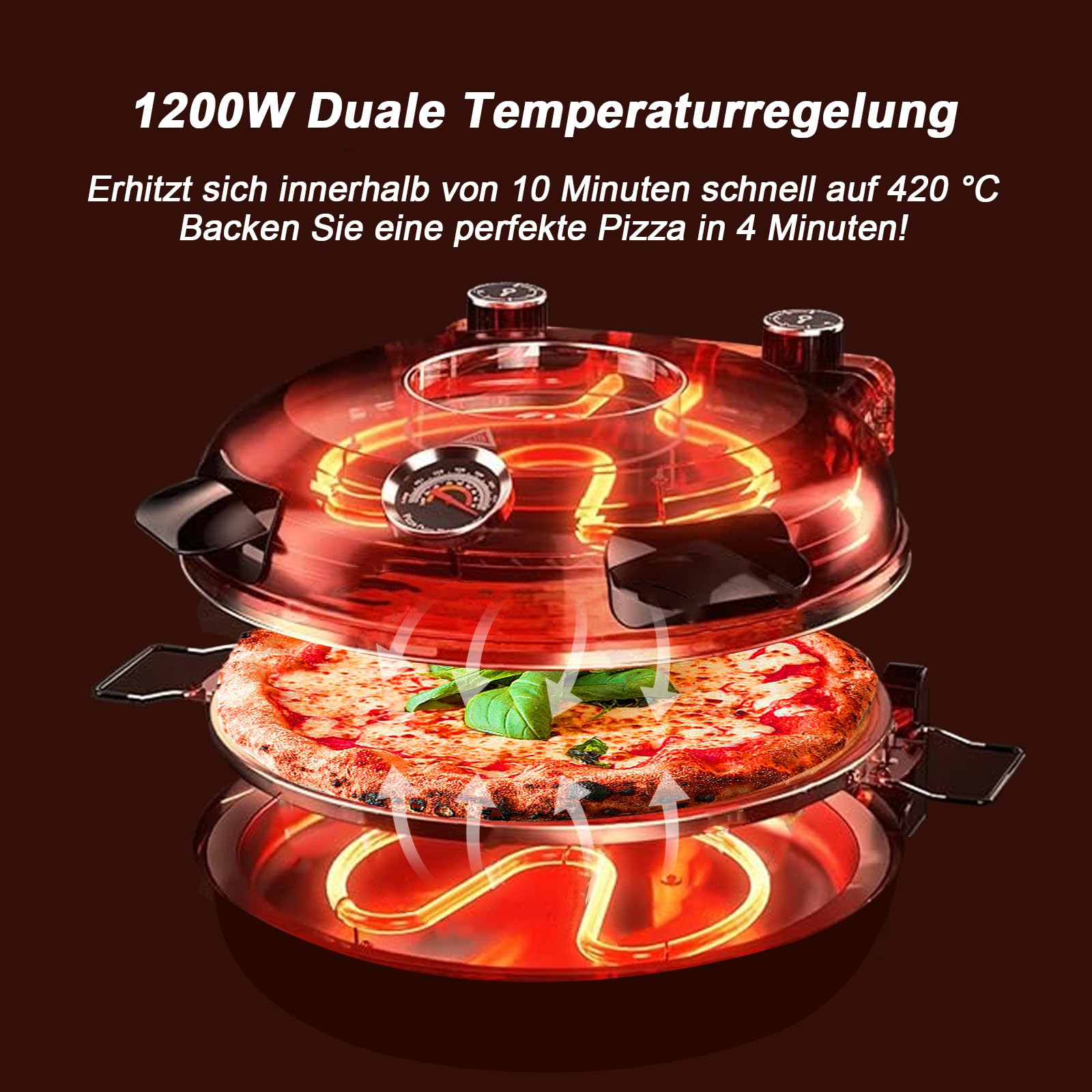 YIBAKE Pizzaofen elektrisch, 1200W Pizzabäcker in 4-Min-Pizza, 31cm Feuerfeste Pizzastein, Max 420℃ Pizzaofen mit 5 Garstufen, inkl. Pizzaschaber & Pizzaschieber, Rot