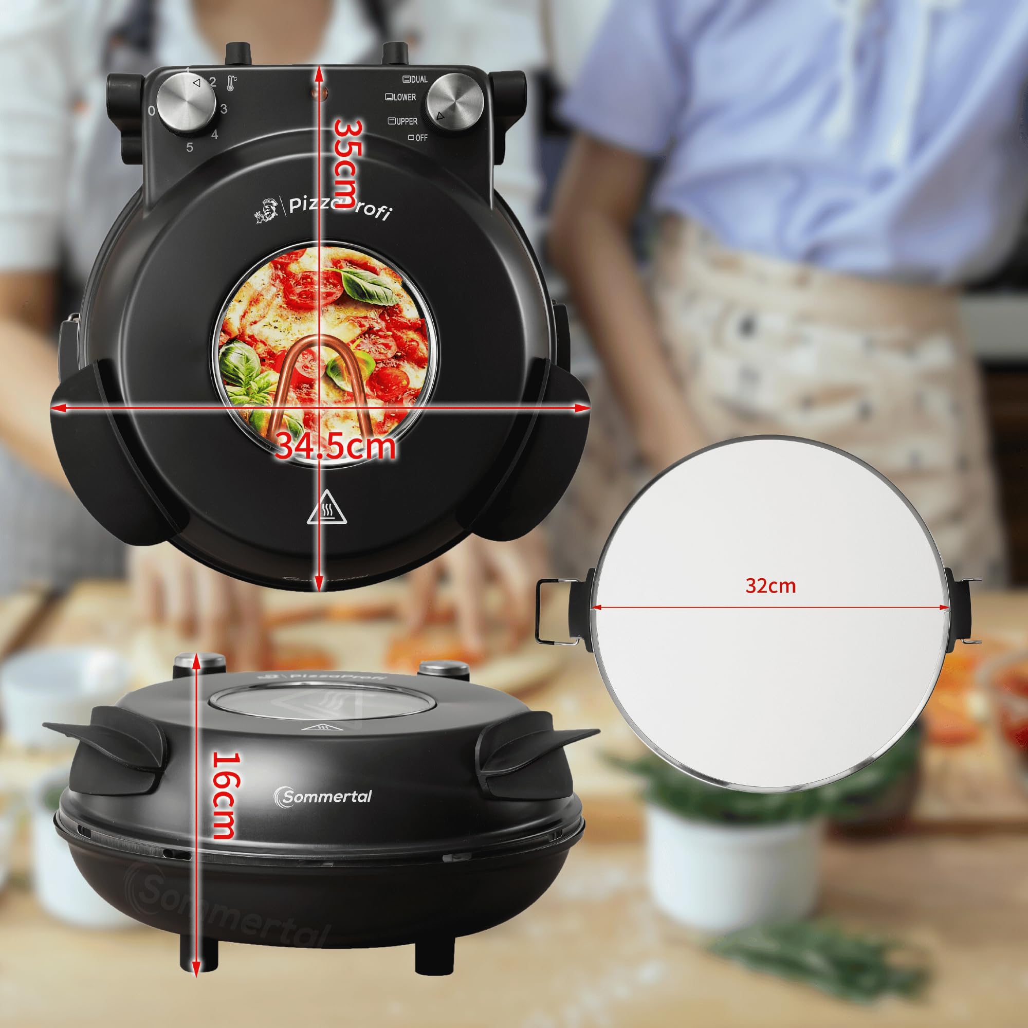 Sommertal PizzaProfi Pizzaofen elektrisch – Pizza Ofen mit 32cm Steinplatte, schnelle 3-Minuten Pizza, bis 400°C – 5-teiliges Set mit Pfanneneinsatz, 2x Pizzaschieber, Schneider, Pizzastein
