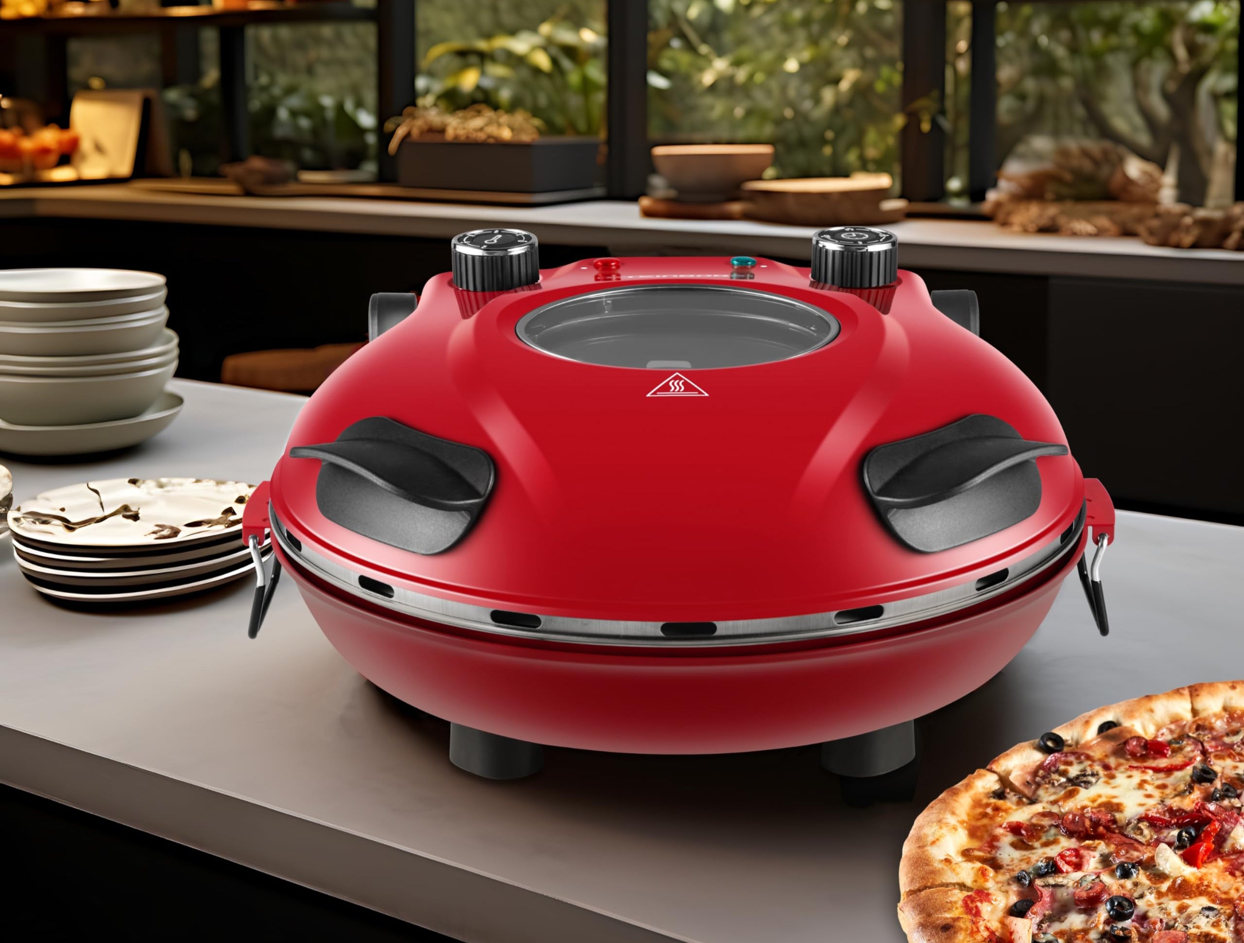 Pizzaofen elektrisch mit 32 cm Pizzastein | 390°C | Pizzabackofen | Pizza-Backstation | Elektrischer Pizzagrill | Pizzabackmaschine | Timer | 5 Stufen | 1200 Watt | Pizza Bräter | Pizzaofenherd