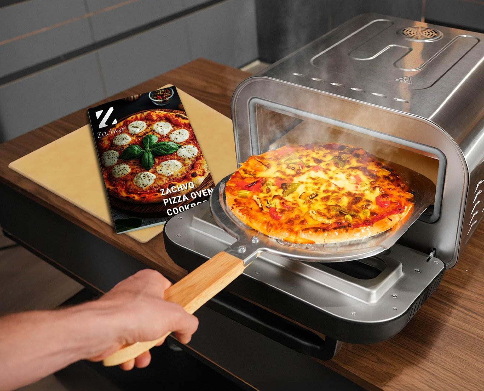 ZACHVO Elektrischer Pizzaofen - bis 450℃, 5 voreingestellte Pizzaarten, 1-60 Min Timer, Touchscreen & Drehregler, Edelstahlgehäuse, für 32cm Pizza, inkl. Pizzastein, Pizzaschieber, Rezeptbuch, Schwarz