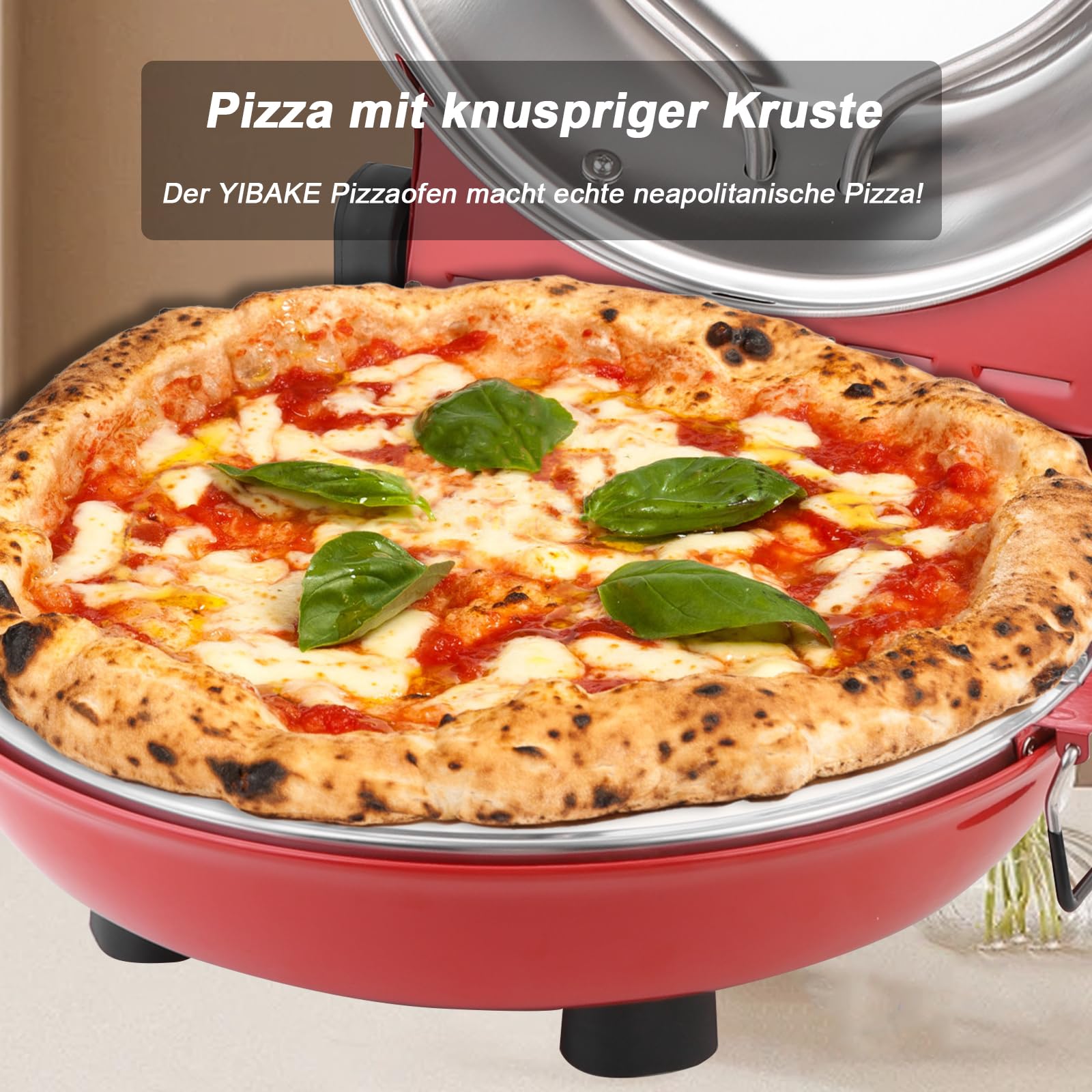 YIBAKE Pizzaofen elektrisch, 1200W Pizzabäcker in 4-Min-Pizza, 31cm Feuerfeste Pizzastein, Max 420℃ Pizzaofen mit 5 Garstufen, inkl. Pizzaschaber & Pizzaschieber, Rot