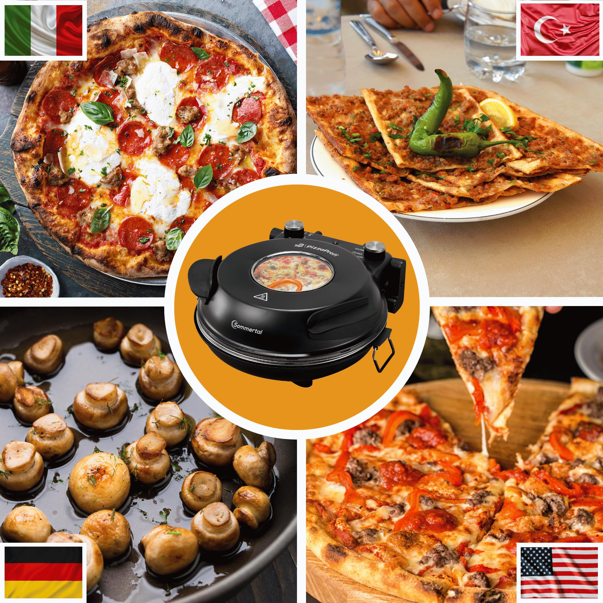 Sommertal PizzaProfi Pizzaofen elektrisch – Pizza Ofen mit 32cm Steinplatte, schnelle 3-Minuten Pizza, bis 400°C – 5-teiliges Set mit Pfanneneinsatz, 2x Pizzaschieber, Schneider, Pizzastein
