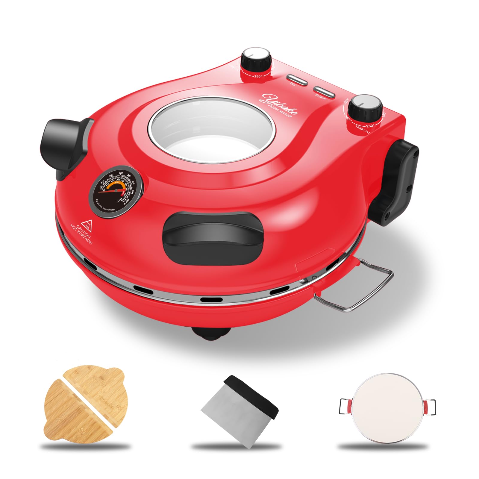 YIBAKE Pizzaofen Elektrisch, 1200W Pizzaofen in 4-Min-Pizza, 31cm Feuerfeste Pizzastein, 420℃ Pizzabackofen, inkl. Pizzaschaber & Pizzaschieber, Rot