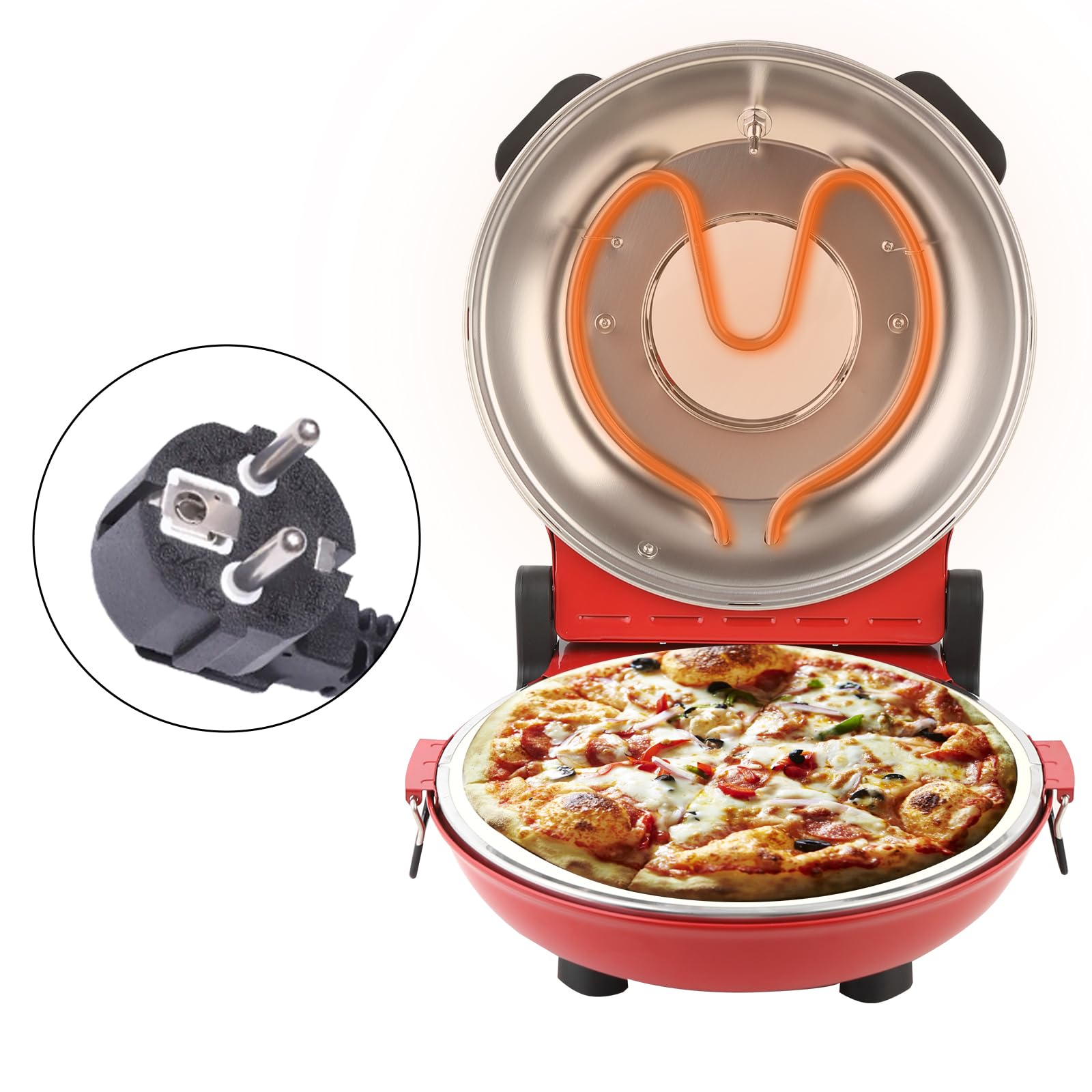 YIBAKE Pizzaofen elektrisch, 1200W Pizzabäcker in 4-Min-Pizza, 31cm Feuerfeste Pizzastein, Max 420℃ Pizzaofen mit 5 Garstufen, inkl. Pizzaschaber & Pizzaschieber, Rot
