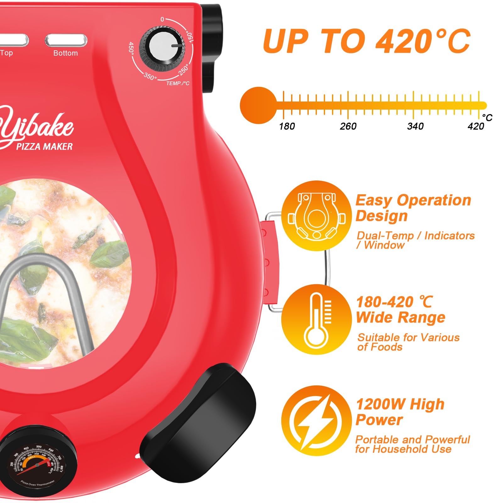 YIBAKE Pizzaofen Elektrisch, 1200W Pizzaofen in 4-Min-Pizza, 31cm Feuerfeste Pizzastein, 420℃ Pizzabackofen, inkl. Pizzaschaber & Pizzaschieber, Rot