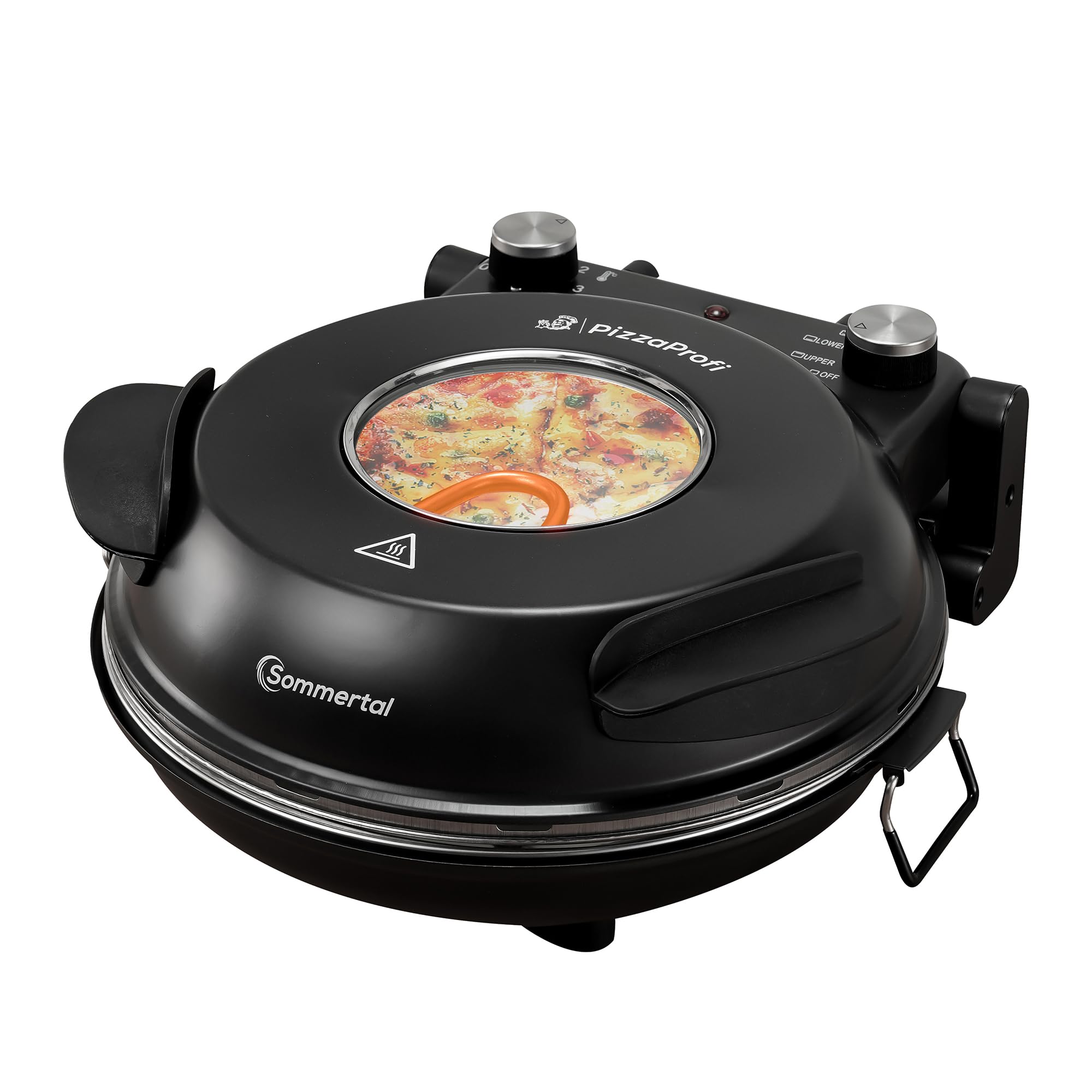 Sommertal PizzaProfi Pizzaofen elektrisch – Pizza Ofen mit 32cm Steinplatte, schnelle 3-Minuten Pizza, bis 400°C – 5-teiliges Set mit Pfanneneinsatz, 2x Pizzaschieber, Schneider, Pizzastein