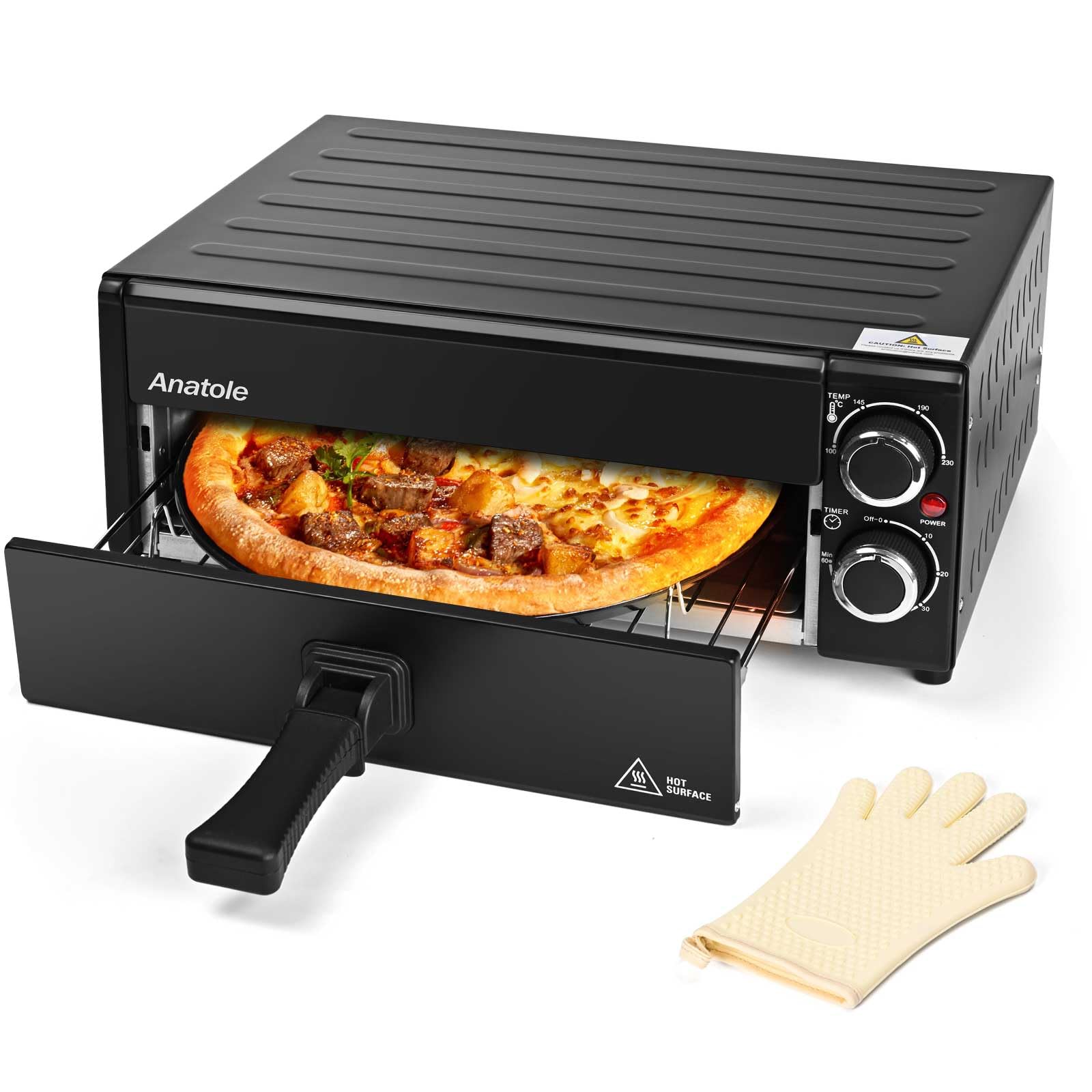 Anatole Pizzaöfen Elektrisch 12" 1800W Pizza Maker Indoor Zeit Temperatur Einstellbar Pizzamaschine Multifunktional mit Abnehmbar Grill Krume Tray