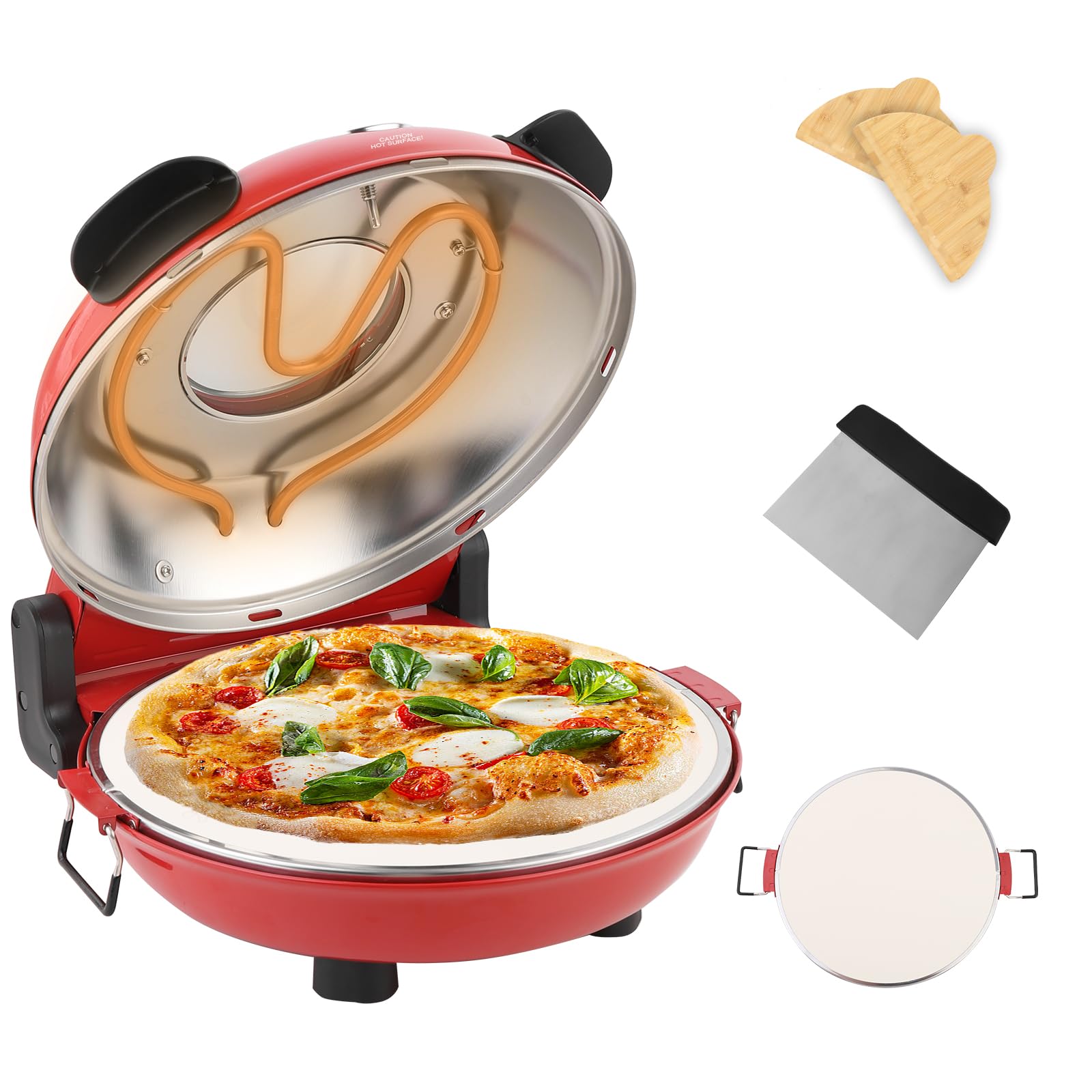 YIBAKE Pizzaofen elektrisch, 1200W Pizzabäcker in 4-Min-Pizza, 31cm Feuerfeste Pizzastein, Max 420℃ Pizzaofen mit 5 Garstufen, inkl. Pizzaschaber & Pizzaschieber, Rot