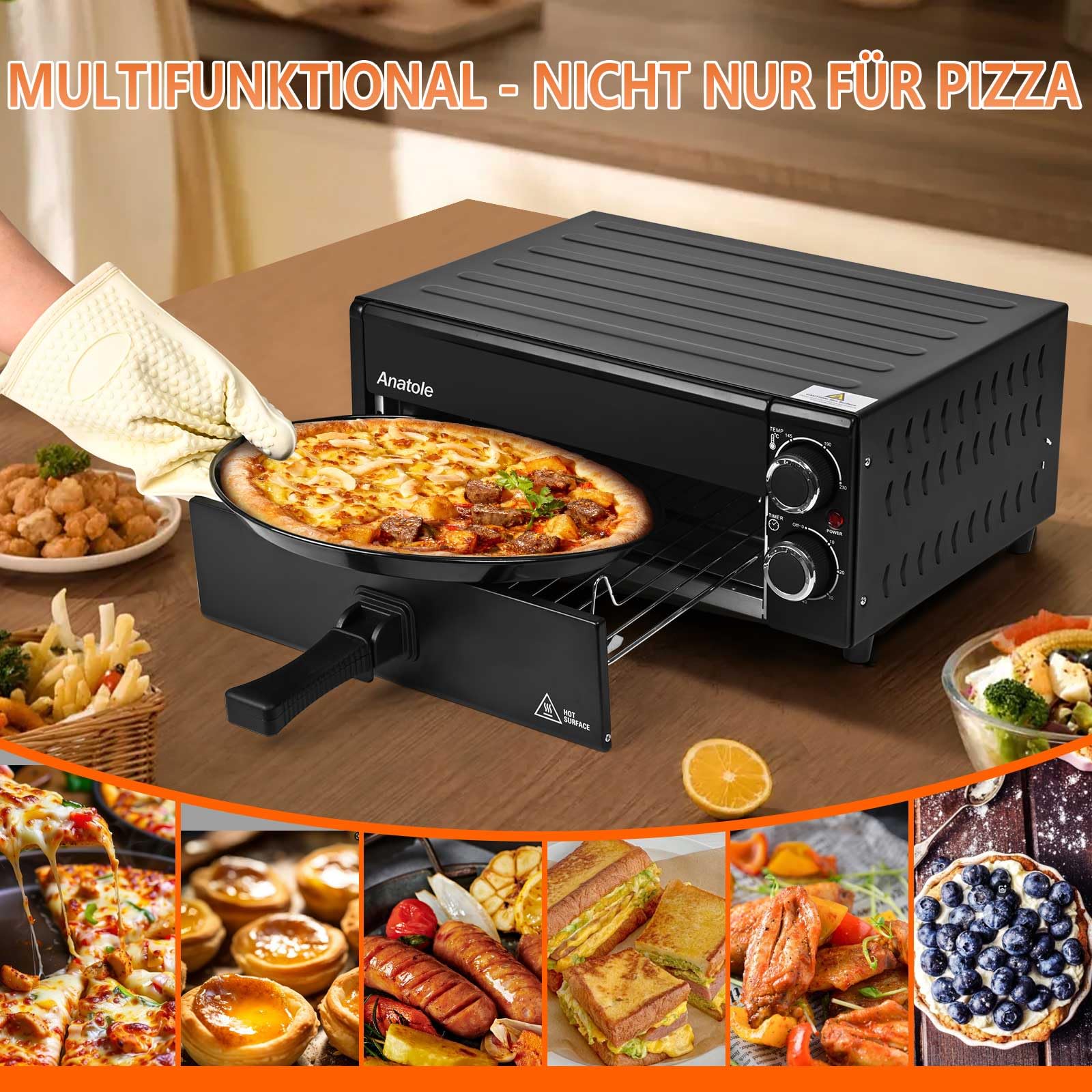 Anatole Pizzaöfen Elektrisch 12" 1800W Pizza Maker Indoor Zeit Temperatur Einstellbar Pizzamaschine Multifunktional mit Abnehmbar Grill Krume Tray
