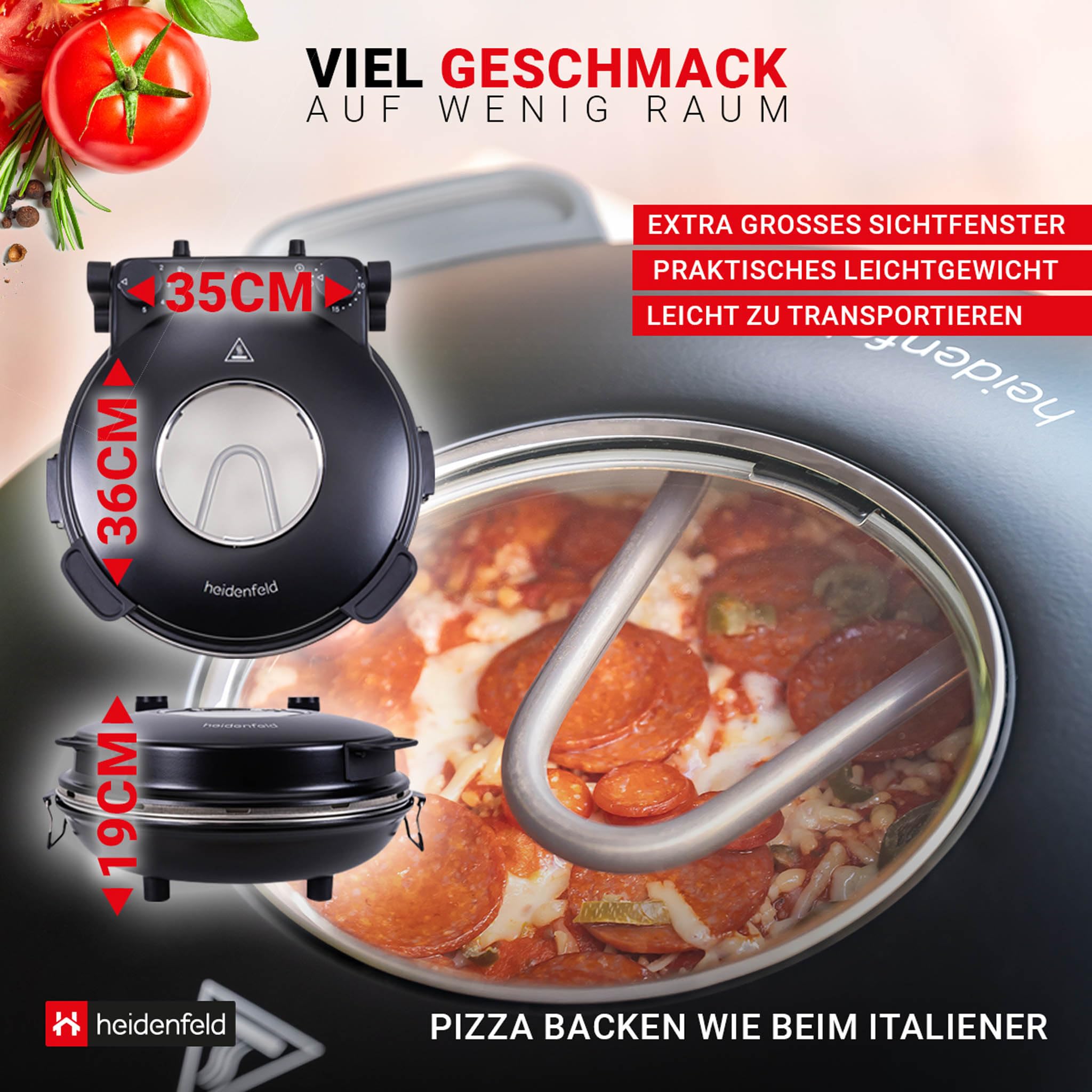 Heidenfeld Pizzaofen Napoli | 1200 Watt bis 400°C - Backofen - Pizzastein - Pizzaofen elektrisch - Pizza Ofen - Pizza Maker - Pizzamaker - Pizza Backofen - Elektro Pizzaofen - Elektrischer Pizza-Ofen